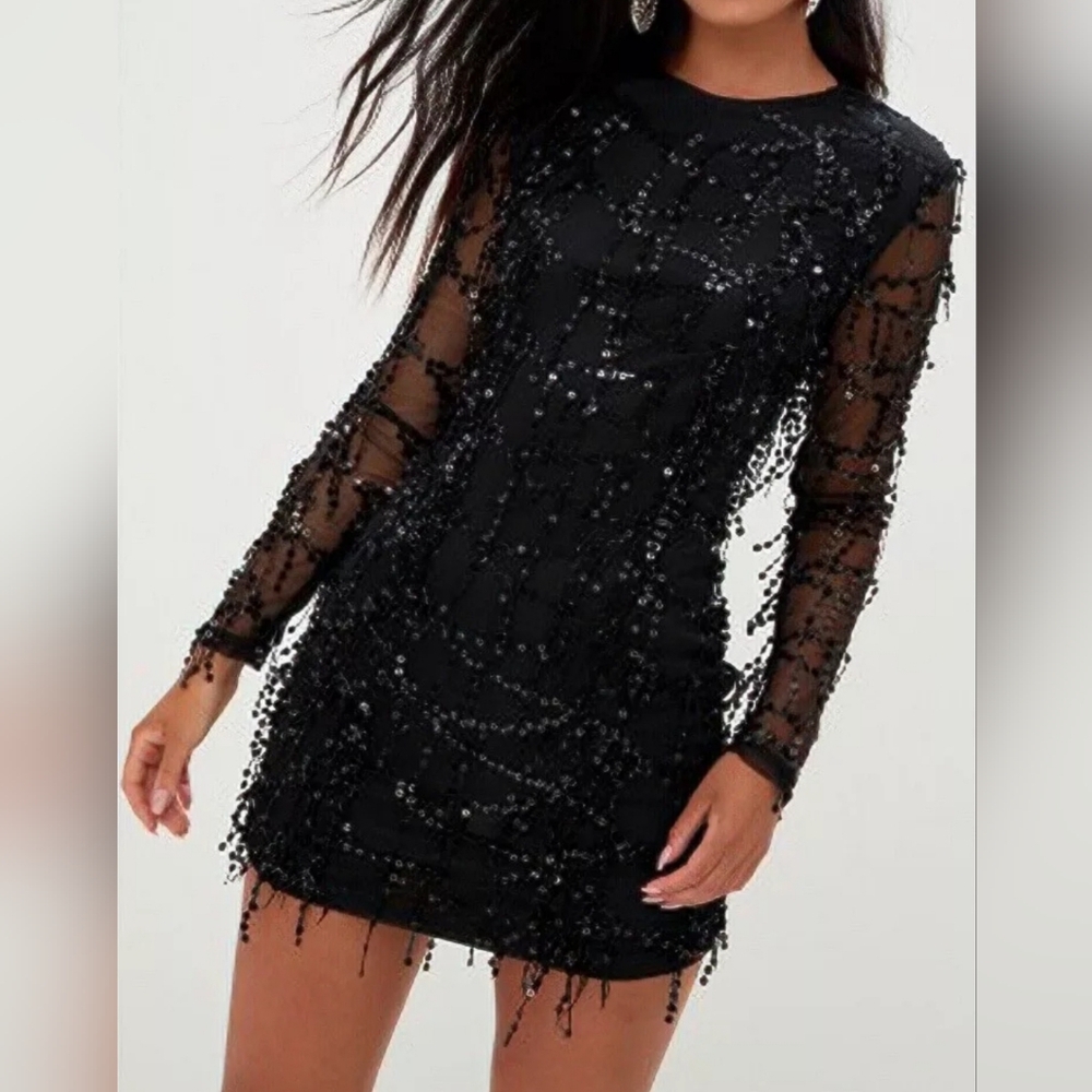Pretty Little Thing Womens Black Sequin Detailed Long Sleeve Dress Size6